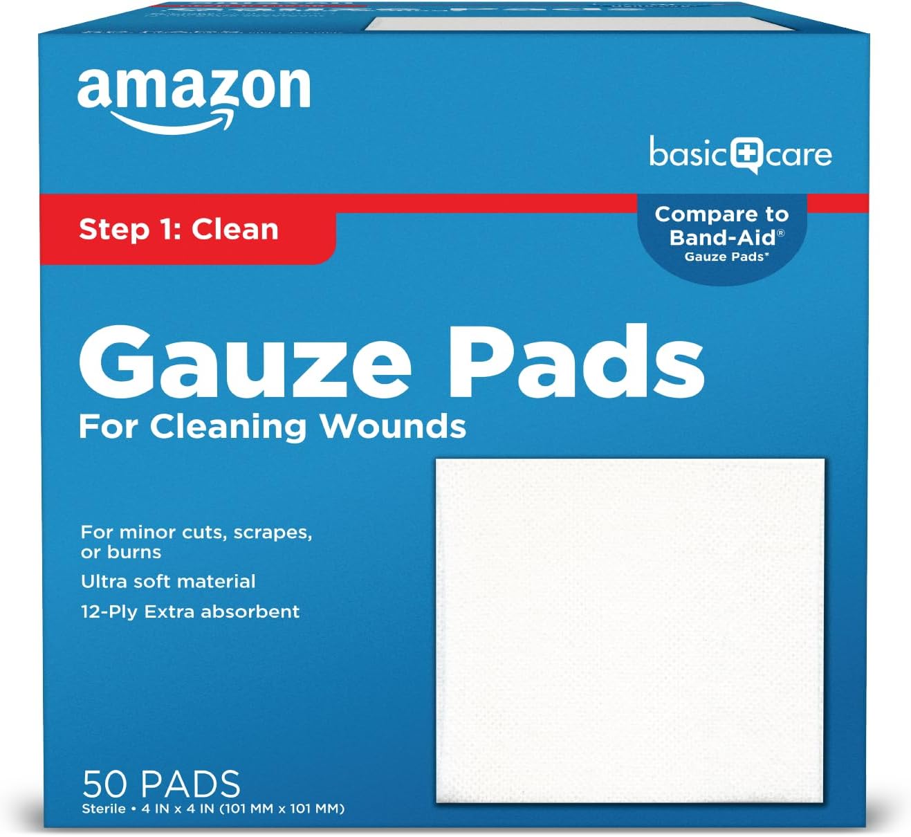 Amazon Basic Care Gauze Pads, 4x4 inches Sterile Medical Wound Dressing Sponges for Cleaning, Covering, & Cushioning Cuts & Minor Injuries, 50 Count (Pack of 1), (Previously All Health)