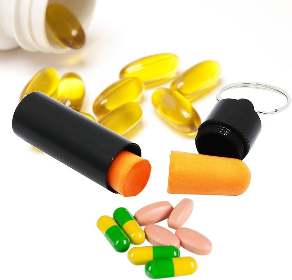 3 Packs Keychain Pill Holder, EFFIET Waterproof Pill Fob Case Box Outdoor Container for Emergency Medicine, Foam Earplug Storage Case with Ear Plugs (Black)