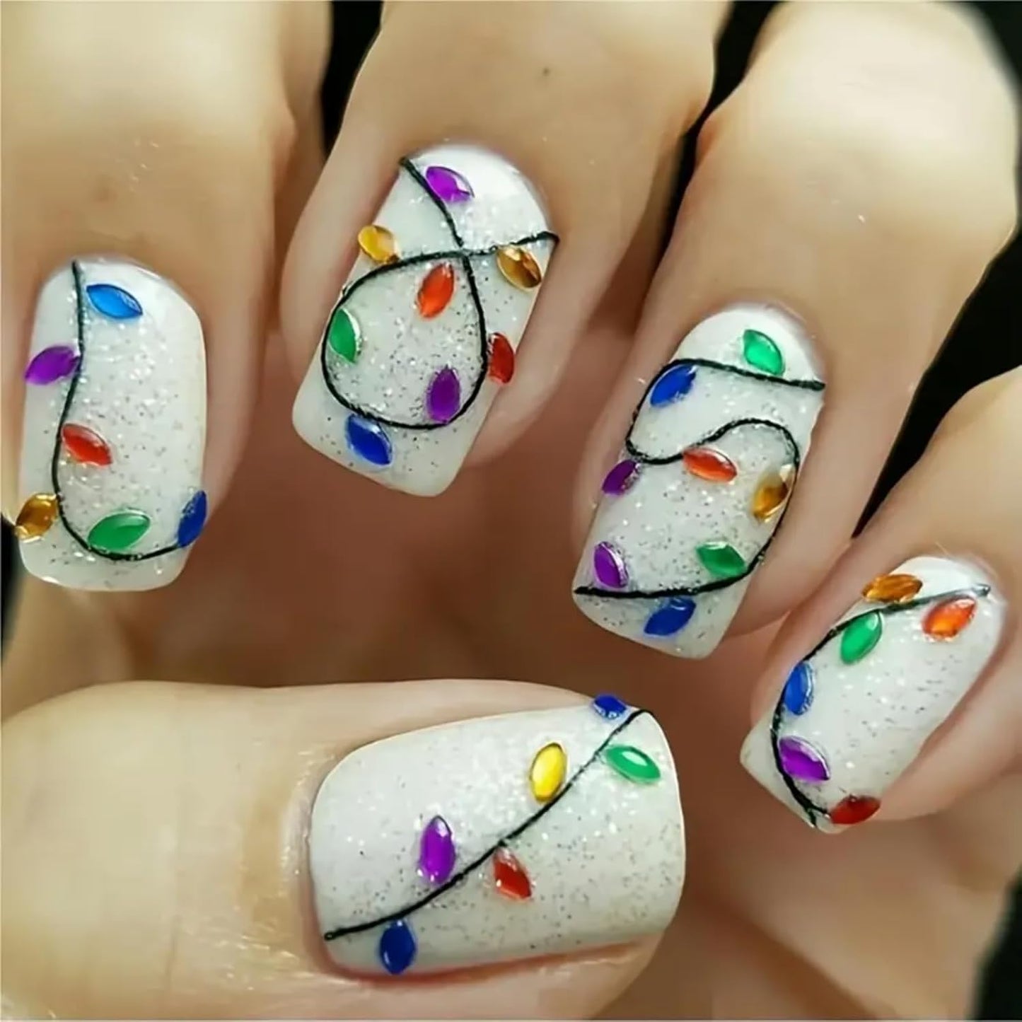 2Pcs Christmas Nail Art Stickers Decals 5D Embossed Christmas Nail Decals Colorful Light String Nail Stickers Xmas Lanterns Nail Supplies New Year Winter Nails Supplies for Women Manicure Tip Decor