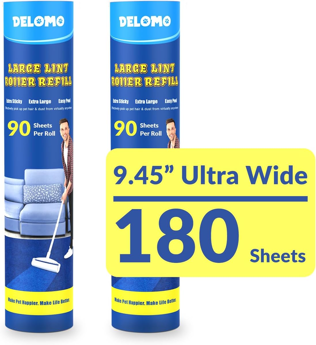 Lint Roller Refills (2 Pack, 180 Sheets) – DELOMO 9.45 in Large Lint Roller Refill, Compatible Only with DELOMO Floor Lint Roller, for Cleaning Carpets, Cars, Clothing & Pet Hair