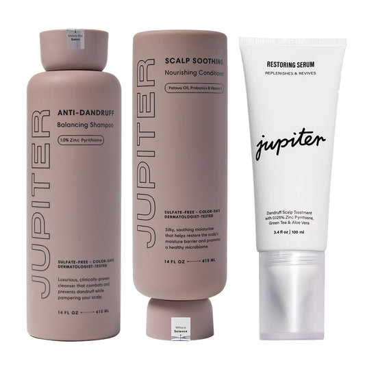 Jupiter Anti Dandruff Shampoo, Conditioner & Serum for Flaky, Itchy, Oily & Dry Scalp - Nourishes Scalp, Reduces Breakage & Flakes - Color-Safe, Sulfate-Free, Paraben-Free