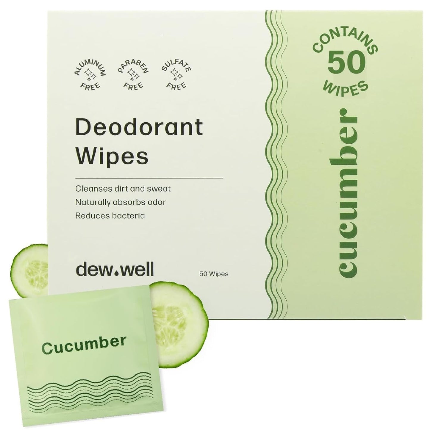 Dew Well Refreshing Deodorant Wipes - 50 Individually Wrapped Wet Wipes for Body, Face, and Armpits - Travel Size Toiletries for Men and Women - Aluminum, Paraben, and Sulfate Free (Cucumber Scent)