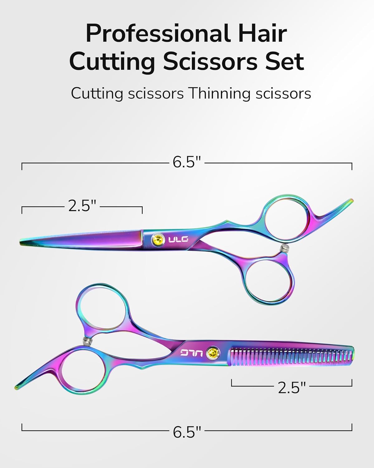 ULG Professional Hair Scissors Kit 6.5 inch Right-Hand Razor Edge Barber Scissors Salon Hair Cutting Shears Made of Japanese Stainless Steel, Hand Sharpened Rainbow