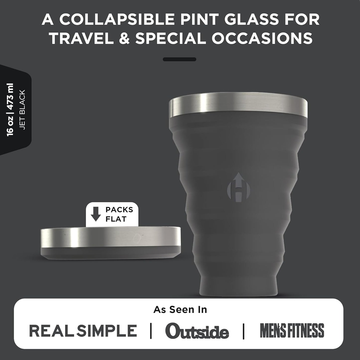 HYDAWAY 16oz Collapsible Pint - BPA-Free Silicone Cup with Stainless Steel Rim - Reusable, Packable, and Durable for Camping, Travel & Everyday Use