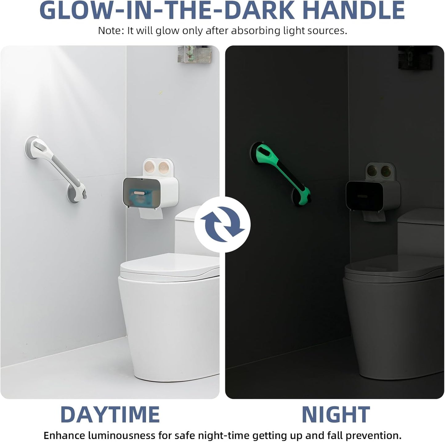 Grab Bars for Bathtubs and Showers Glow in The Dark, 17 inch Suction Grab Bar, Shower Handle Safety Grip Handrail for Seniors and Elderly, Removable Waterproof No Drilling, Grey