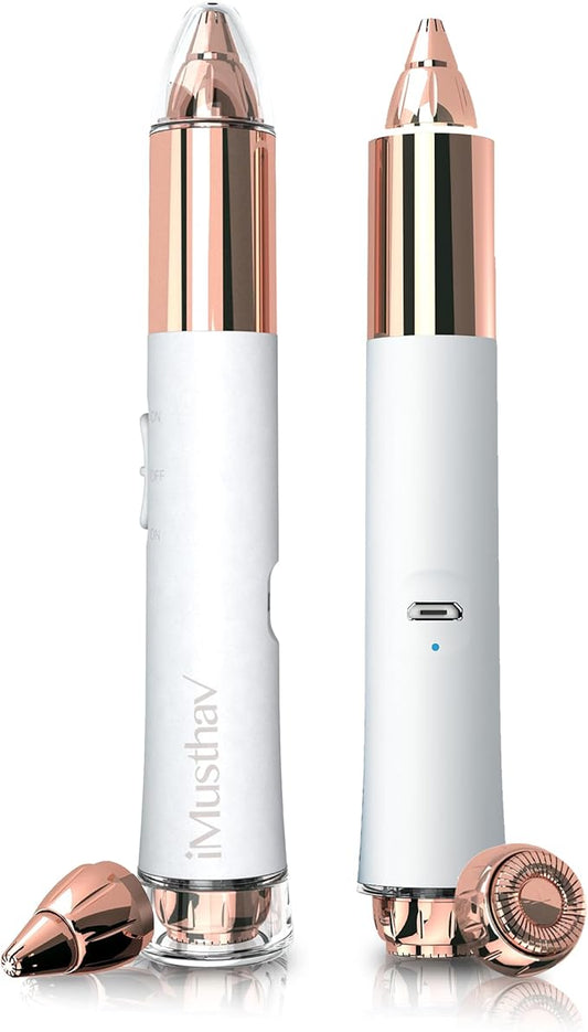 2-in-1 Portable Rechargeable Painless Eyebrow Trimmer & Facial Hair Remover, removes Eyebrow, face, Lips and Body Hair for Women. 18K Gold Plated Hypoallergenic Heads, 360° LED Light for Hair Remover