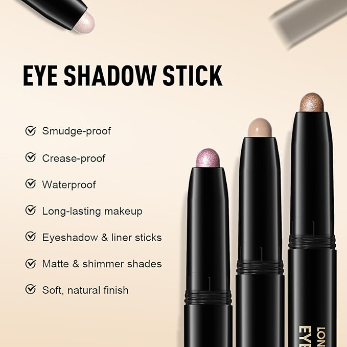 Eyeshadow Stick Waterproof Long Wear Cream Eye Shadow Pencil Single Shimmer Glitter Blendable Smokey Eyeshadow Crayon Cream to Powder Intense Color Eyeliner Makeup, 4 BOTTLE