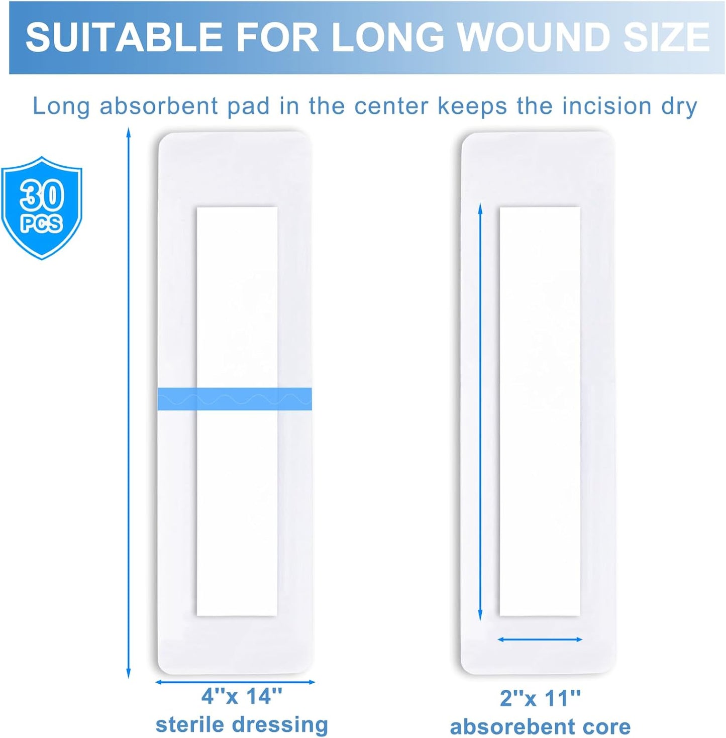 30 Pack 4"x14" Waterproof Adhesive Island Dressing for Post-Surgery Recovery | Sterile Bordered Gauze Bandages with Non-Stick Pad for Knee/Hip Replacement, Surgical Incision Care & Shower Protection