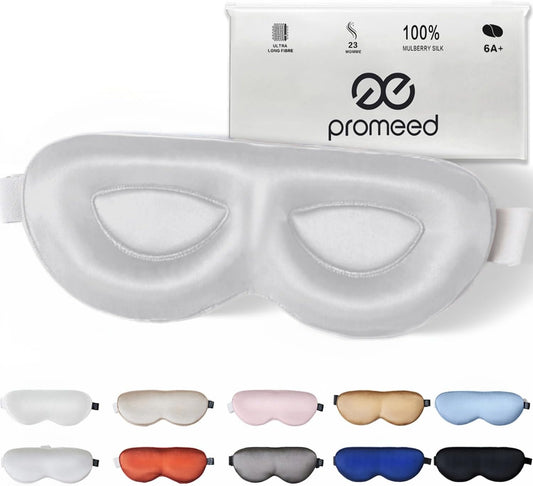 PROMEED Adjustable 23 Momme Mulberry Silk Sleep Mask, 3D Contoured No-Pressure Cup Eye Mask for Sleeping, Super Soft Breathable Blindfold, Perfect Blocks Light for Sleeping (Light Grey)