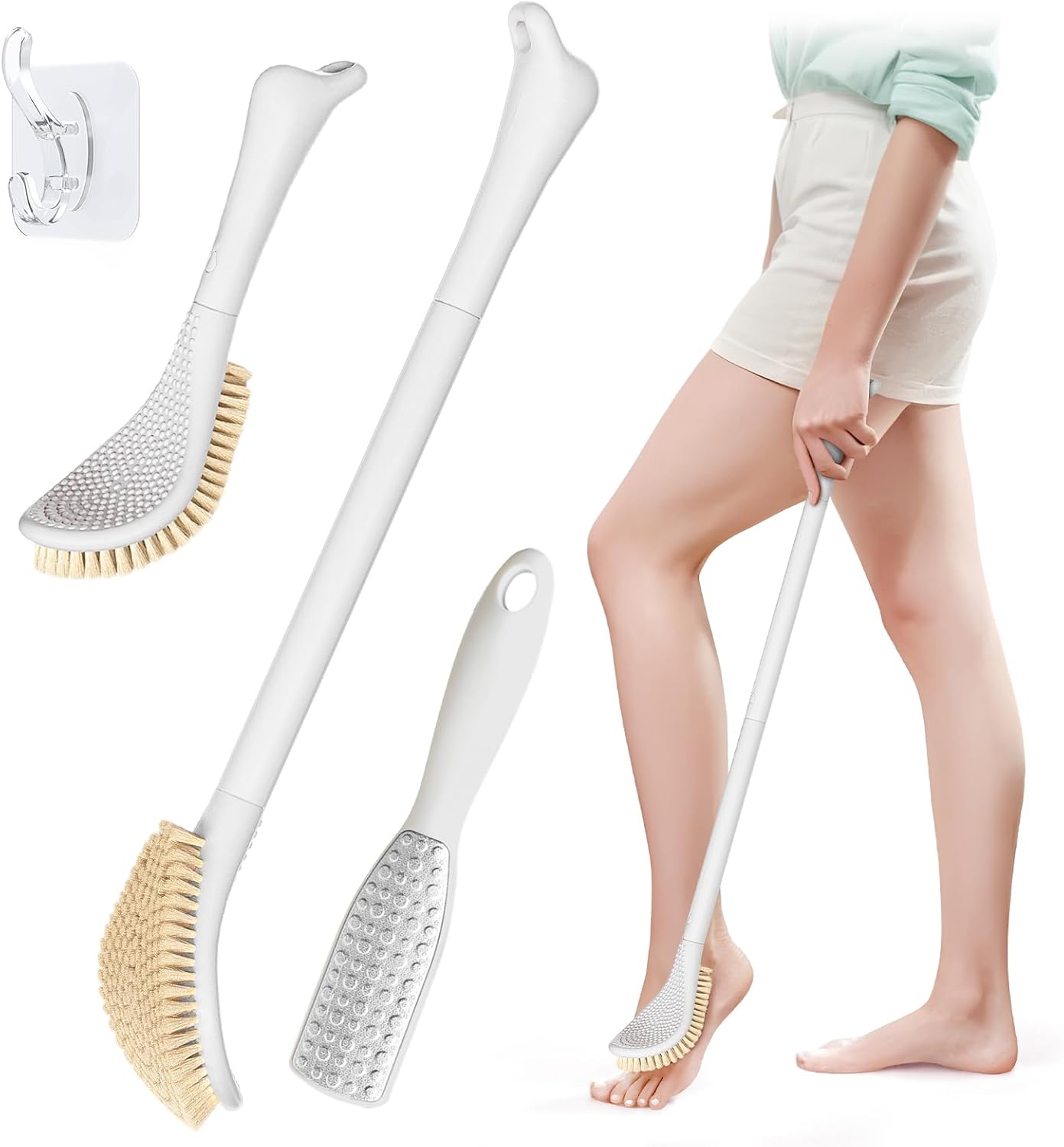 New Foot Brush & Foot File Set(2PCS), 3-in-1 Foot Scrubber in Shower, 10.2’’-27.5’’Adjustable Long Handle Foot Scrub Brush and Upgrade Foot File Callus Remover, Gift-Box Packed(White Set)