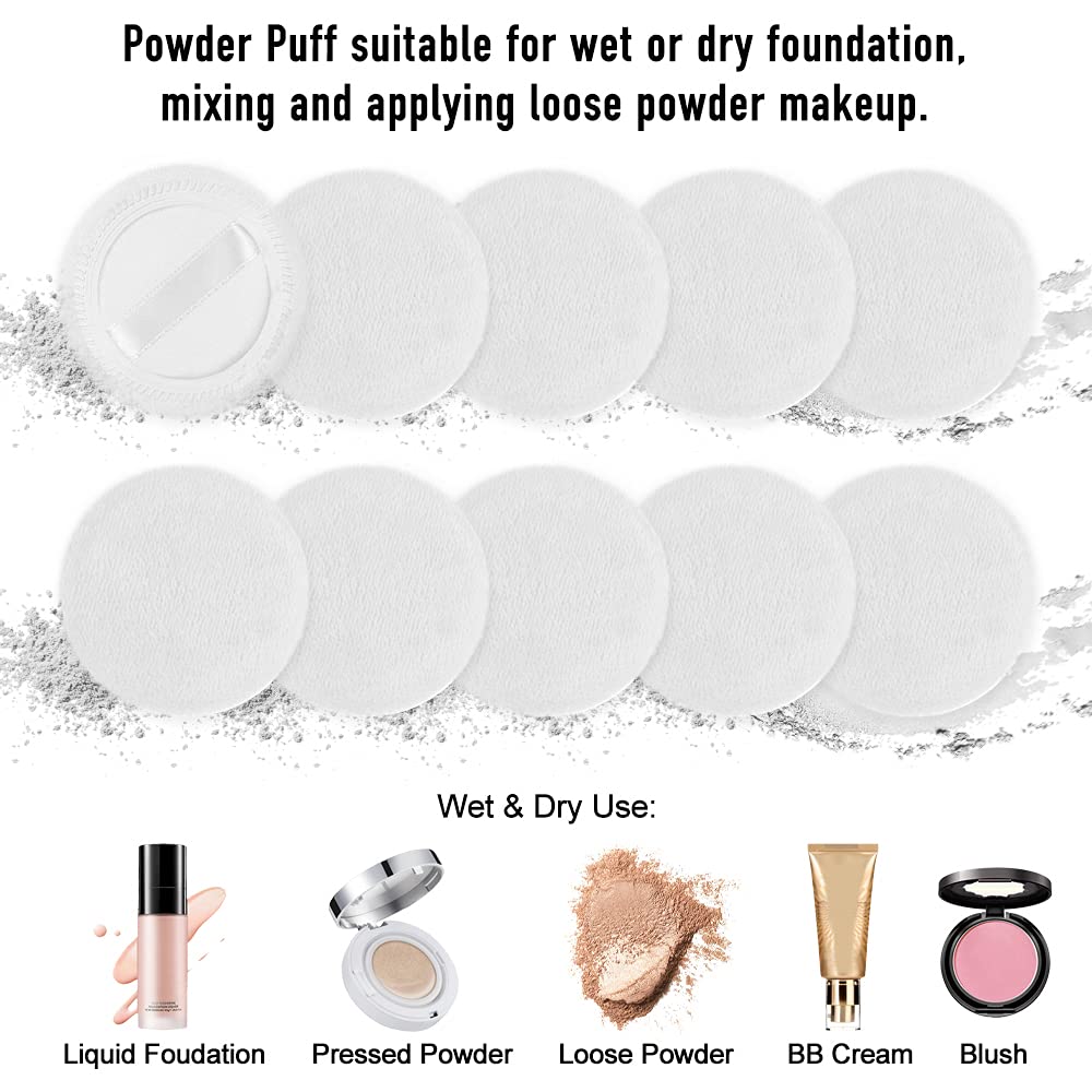 10pcs Powder Puff Cotton Cosmetic Powder Face Makeup Puffs Pads with Ribbon for Loose and Foundation 2.36 inch. (White)