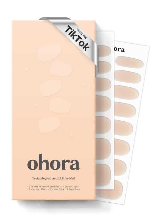 ohora Semi Cured Gel Nail Strips (N Bare Milk Tea) - Works with Any Lamps, Salon-Quality, Long Lasting, Easy to Apply & Remove - Includes 2 Prep Pads, Nail File & Wooden Stick