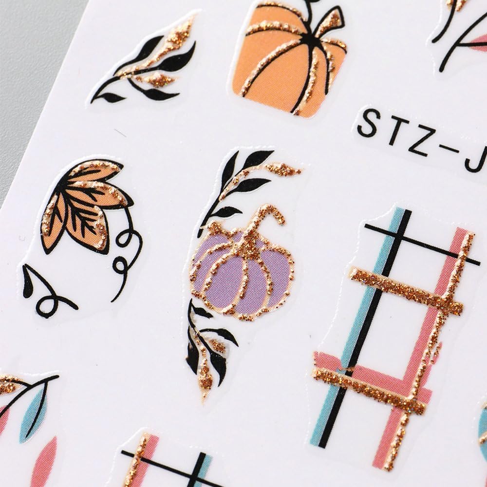 Fall Nails Stickers Autumn Leaves Nails Sticker 3D Embossed Maple Leaves Self Adhesive Sticker Nail Decals Glitter Pumpkin Thanksgiving Nail Art Decal Fall Decals for Nail DIY Manicure 4Sheet