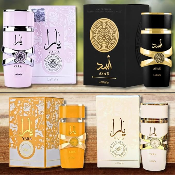 Lattafa for Unisex 4 Piece Eau de Parfum Gift Set (Yara for Women + Yara Moi for Women + Yara Tous for Women + Asad for Men) 3.4 Ounce/100 ml each