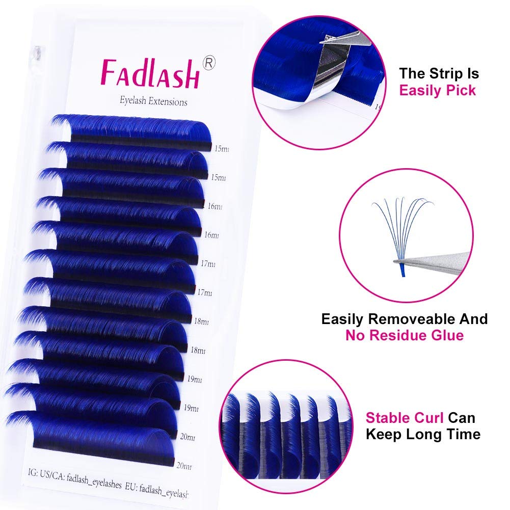 Volume Lash Extensions D Curl 15-20mm Mixed Tray Easy Fan Lashes 0.07mmm Blue Color Mink Self Fanning Eyelash Extensions by FADLASH (Blue 0.07-D, 15~20mm Mix)