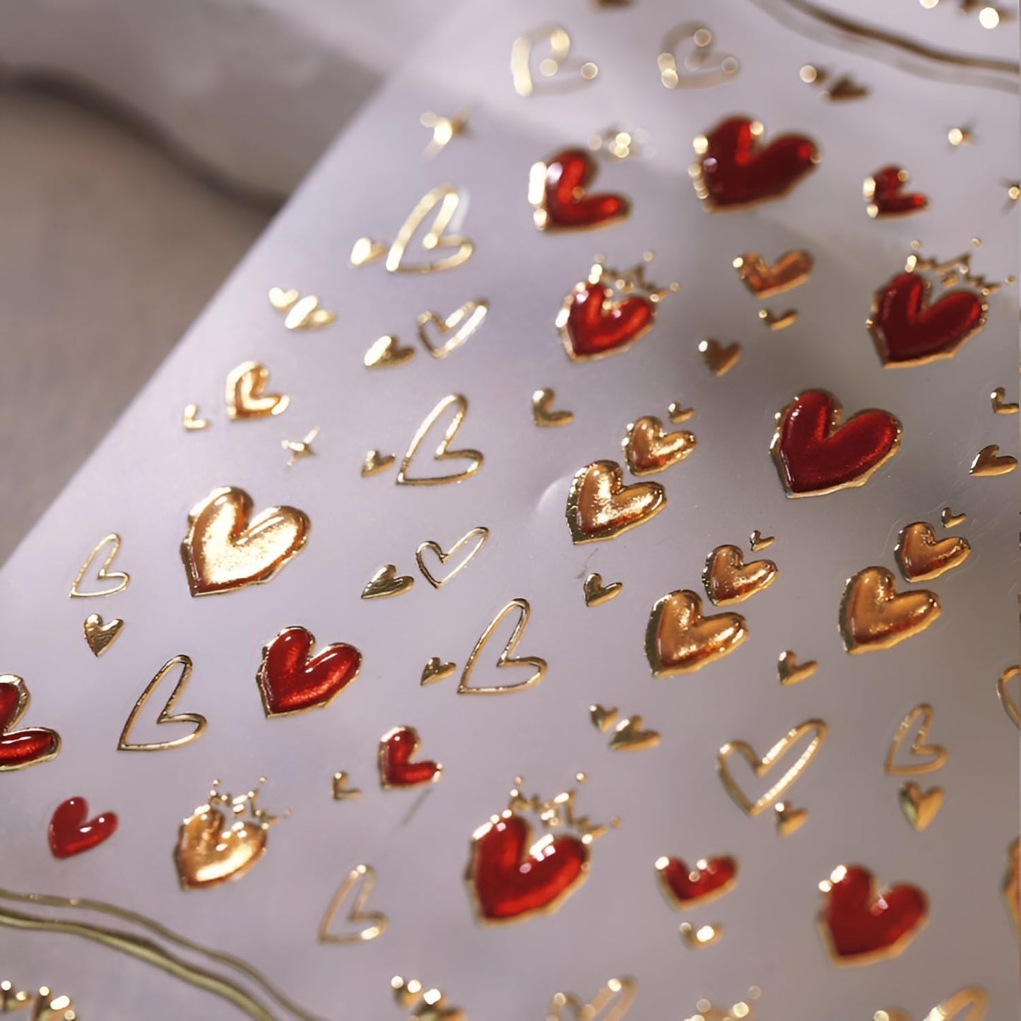 Red Valentine's Day Nail Stickers - 5D Embossed Heart Decals for Nail Art Design - Gold Heart Supplies for Women DIY Manicure Decoration