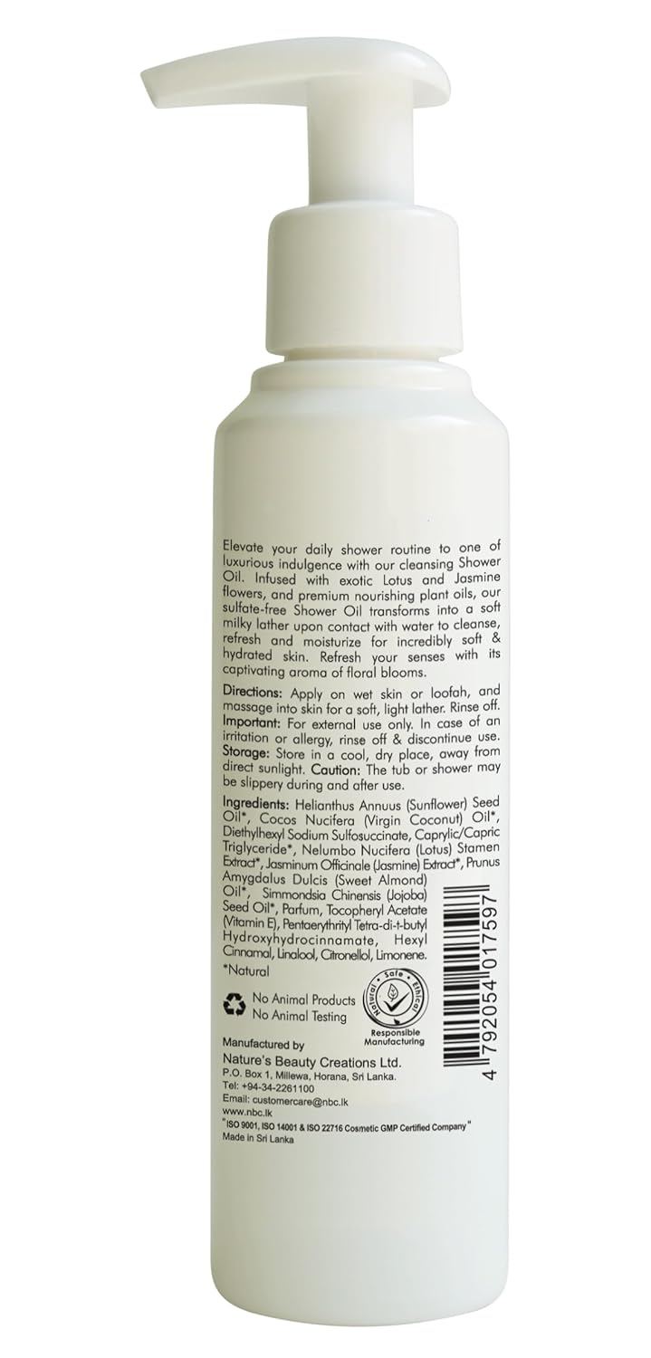 Sweet Almond Cleansing & Softening Shower Oil. Oil-to-Milky Lather. Sulfate-Free. With Jasmine & Lotus. No Mineral Oil. For Dry & Extra Dry Skin. For Softer, Smoother & Nourished Skin.