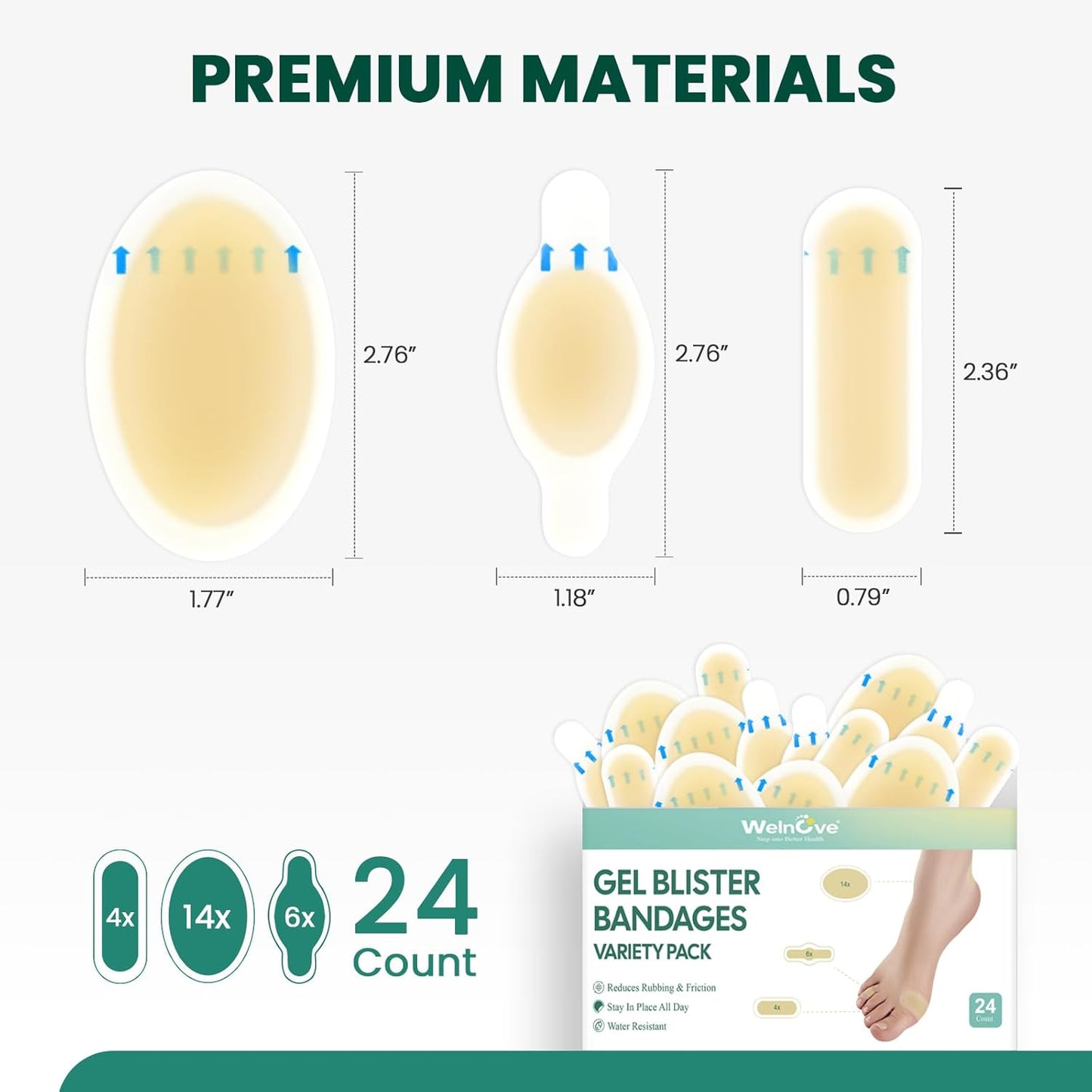 Welnove Gel Blister Bandage - 24 PCS Hydrocolloid Bandages for Prevention & Recovery, Blister Cushions for Heel, Toes & Foot, Blister Bandages for High Heels, Sandals, Wedding, Party (Variety Pack)