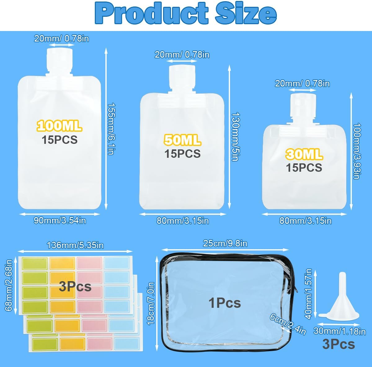 52Pcs Travel Pouches for Toiletries, TSA Approved Travel Fluid Squeeze Pouches, Travel Size Stand Up Pouch, Refillable Leakproof Travel Containers for Shampoo Conditioner Lotion Soap Liquids
