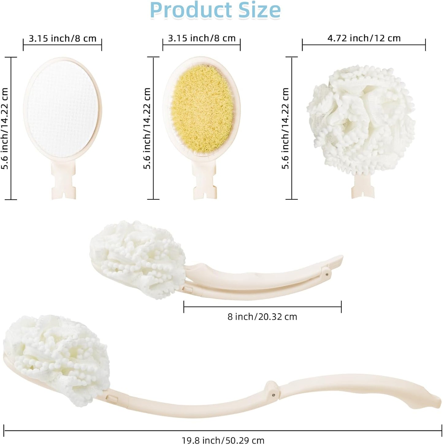 Loofah Sponge with Handle,Back Scrubber Brush for Shower, Lotion Applicator for Back,3 in 1 Shower Kit (White loofah)