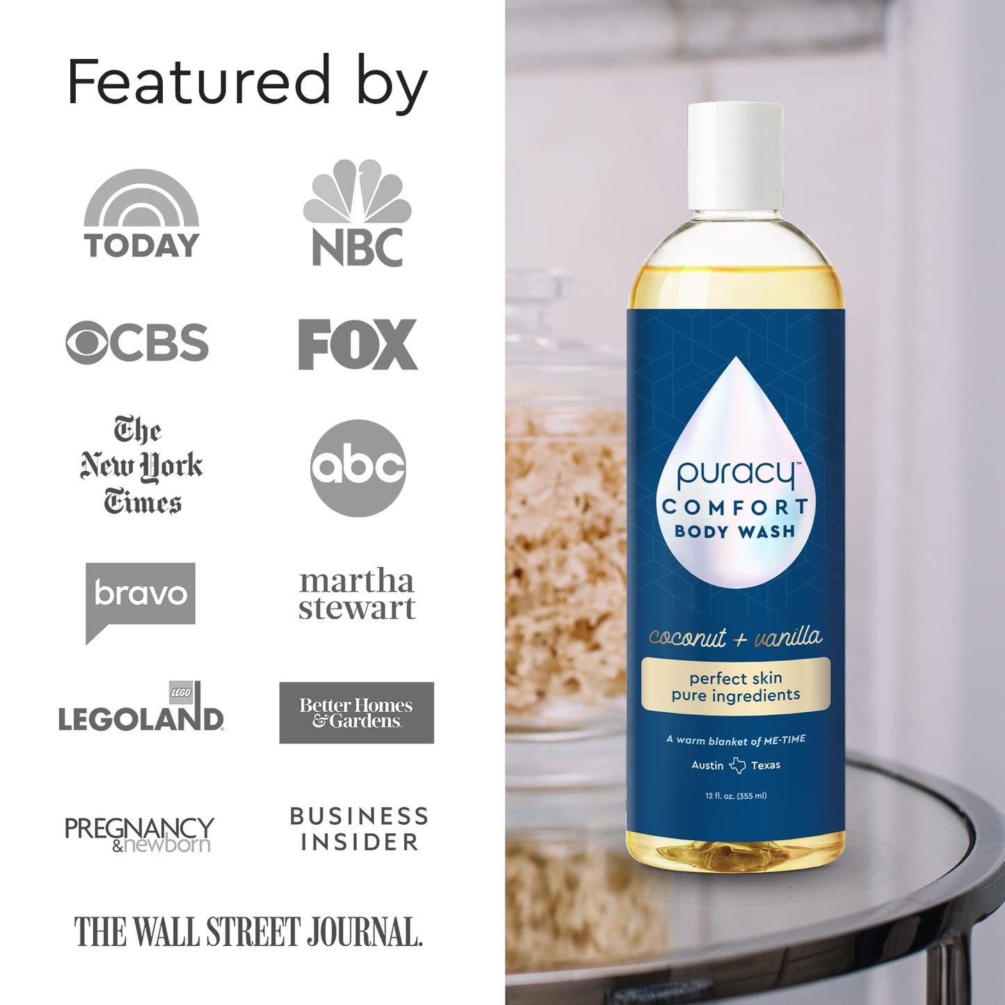 Puracy Body Wash, Natural Body Wash, 98.6% Pure Plant Ingredients, Moisturizing Shower Gel for Women Men Kids, Body Soap for Dry Sensitive Skin. Gently Scented with Coconut & Vanilla 12 Oz (2-Pack)