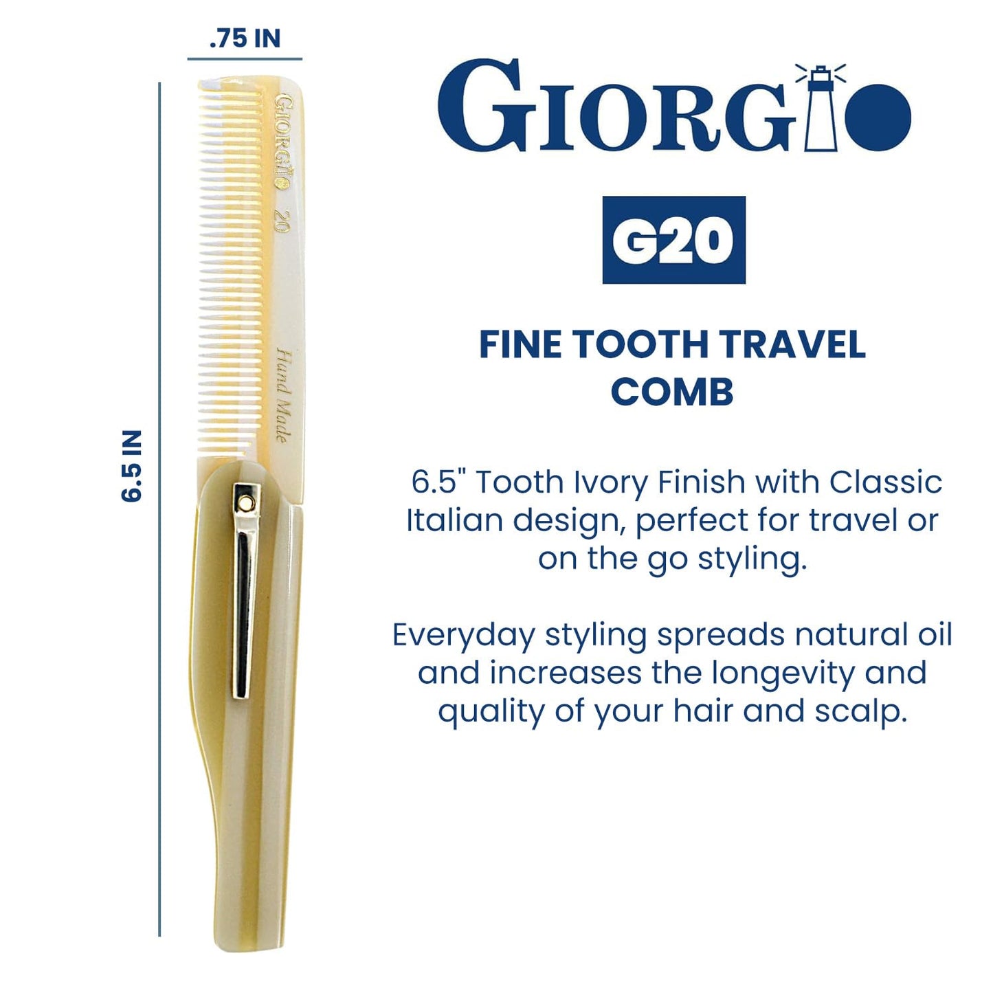 Giorgio G20 Folding Fine Tooth Mustache and Beard Comb 6.5 Inches - Sawcut and Hand Polished Ivory Styling and Travel Comb for Everyday Hair Care (Ivory)