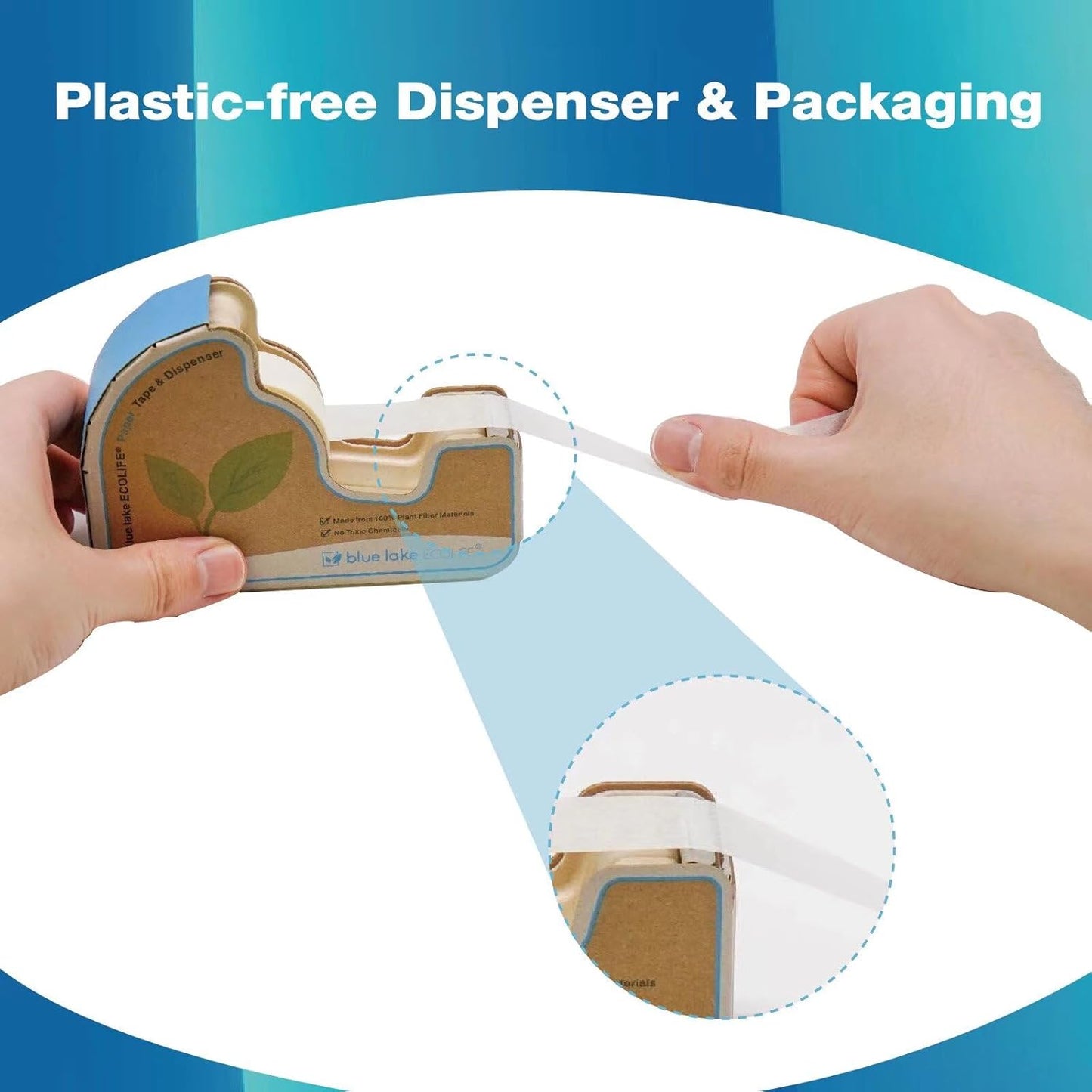 Blue Lake ECOLIFE Masking Tape Dispenser，Plastic-Free Masking Tape Dispenser with 4 Rolls 3/4 in x 550 in Paper Tape, Label Tape Dispenser Desk for Masking, Labeling, Office Home School