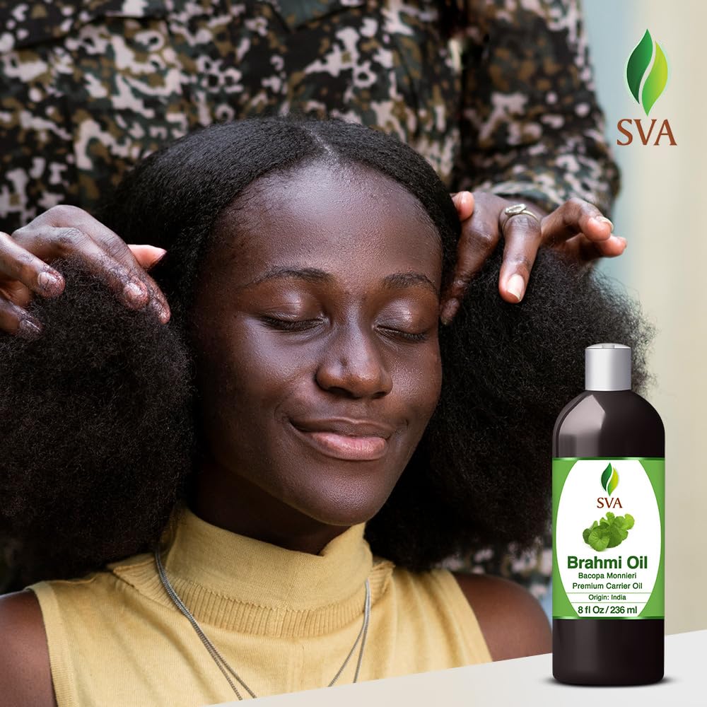 SVA Brahmi Oil - 8 Fl Oz – 100% Natural Cold Pressed Brahmi Oil - for Face, Skin Care, Hair Care, Scalp Massage & Body Massage – Carrier Oil with Pump