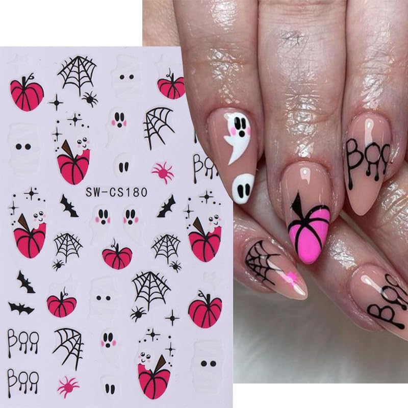Halloween Nail Art Stickers 8 Sheets Cute Ghost Pink Pumpkin 3D Self-Adhesive Nail Decals Blood Chilli Cherry Designs ScorpionNail Decorations Halloween DIY Manicure Supplies for Women Girls&Kids