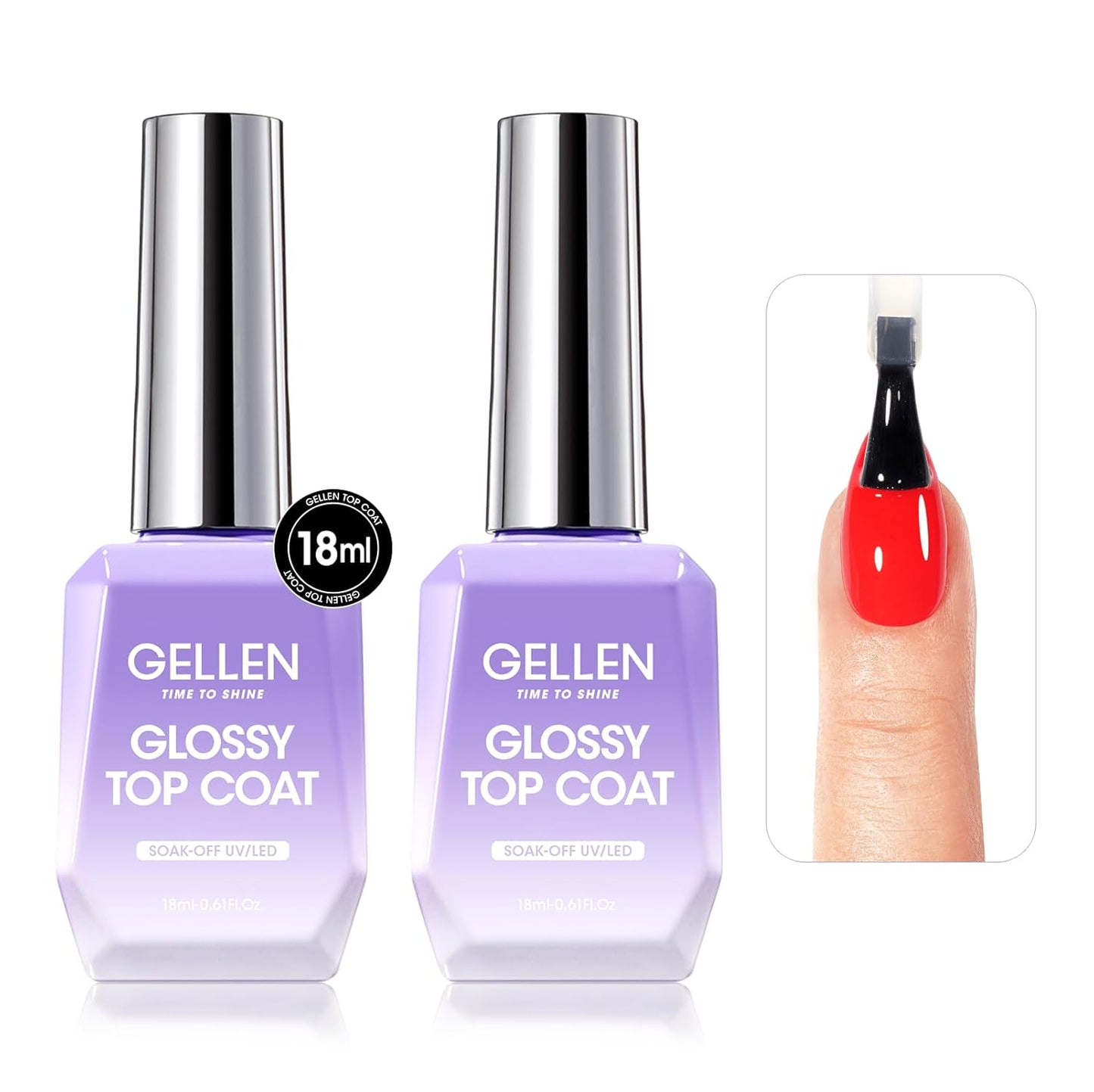 GELLEN 2 Pcs No Wipe Gel Top Coat Set, 18 ml Glossy Top Coat Gel Nail Polish, High Shiny Soak Off UV Lamp Clear Nail Polish, Home Salon Manicure Set