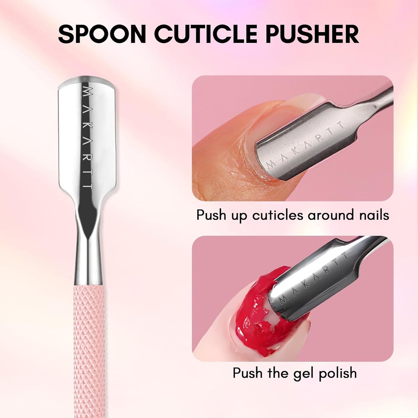 Makartt Cuticle Pusher, Pink Cuticle Remover, Professional Stainless Steel Nail Cleaner Dual Ended Spoon Pusher and Cutter Cuticle Care Nail Prep for Manicure Pedicure Nail Art
