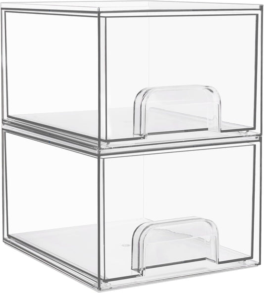Vtopmart 2 Pack Clear Stackable Storage Drawers, 4.4'' Tall Acrylic Bathroom Makeup Organizer,Plastic Storage Bins For Vanity, Undersink, Kitchen Cabinets, Pantry, Home Organization