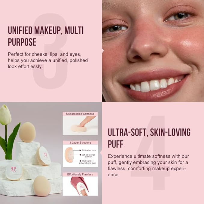 Multi-Use Makeup Cream Blush Stick, Unidollss 3-in-1 Buildable Powder Blush Stick for Cheeks, Eyes, and Lips, Hydrating formula, All day wear, Easy Application with Thumb Puff Included (01 WHISPER)