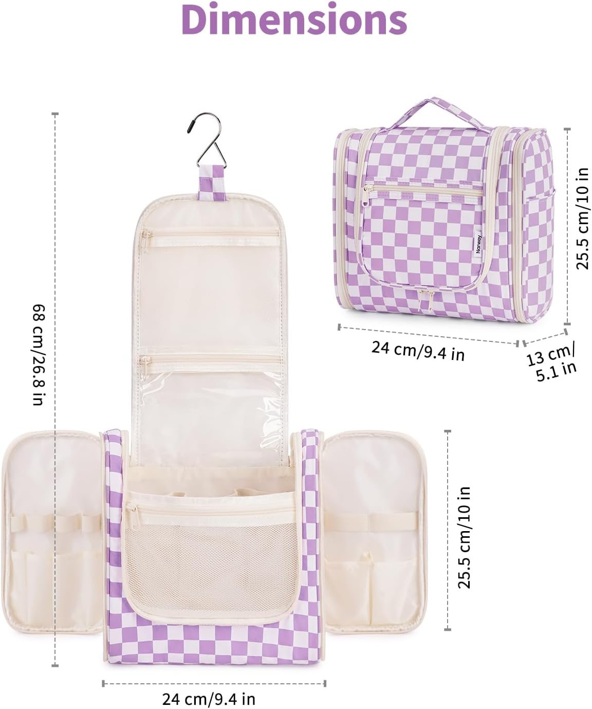 Narwey Checked Hanging Travel Toiletry Bag for Women, Travel Bag for Toiletries, Makeup Bag Organizer Cosmetic Bags Make Up Bags for Women (Purple Checkerboard)