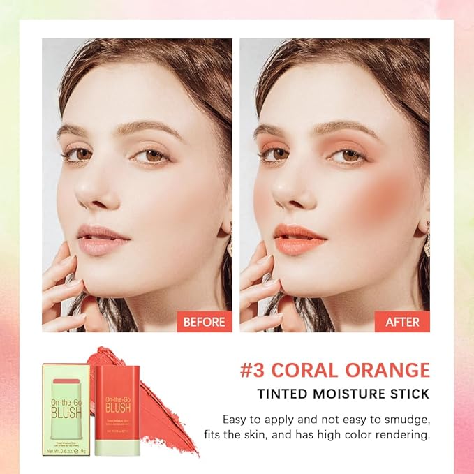 Soft Creamy Blush Stick,On-the-Go Blush,2-in-1 Cheek and Lip Tint,Waterproof Hydrating Solid Natural Moisture Smooth Blendable Matte Finish Face Blush Makeup,03 coral orange