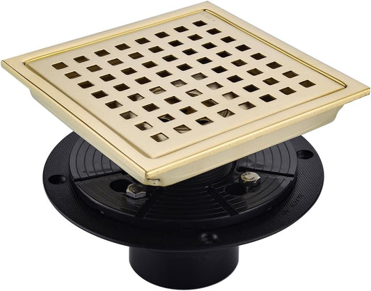 RANDOM Brushed Gold Shower Drain Square 6 Inch Shower Drain Cover Kit with Flange,SUS 304 Stainless Steel Shower Floor Drain with Removable Grid Cover and Hair Strainer