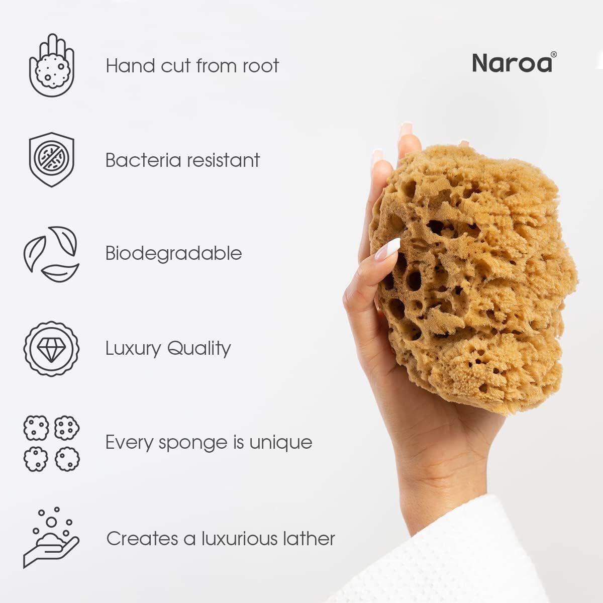 Naroa Massage Natural Shower Sponge Large | Unbleached Body Scrubber Puff | Bath Sea Loofah for Healthy Skin | Sustainable Plastic Free (L)