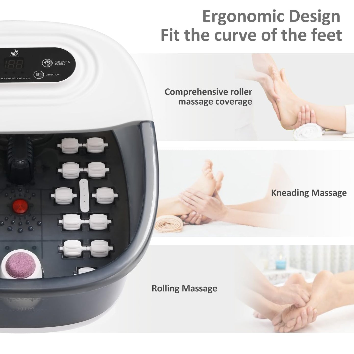 Foot Spa Bath Massager with Heat Bubbles and Vibration Massage and Jets, 16 OZ Calming Lavender Foot Soak Epsom Salt, MoodRelish Foot Soaker with Red Light, 22 Massage Rollers, Adjustable Temp -Grey