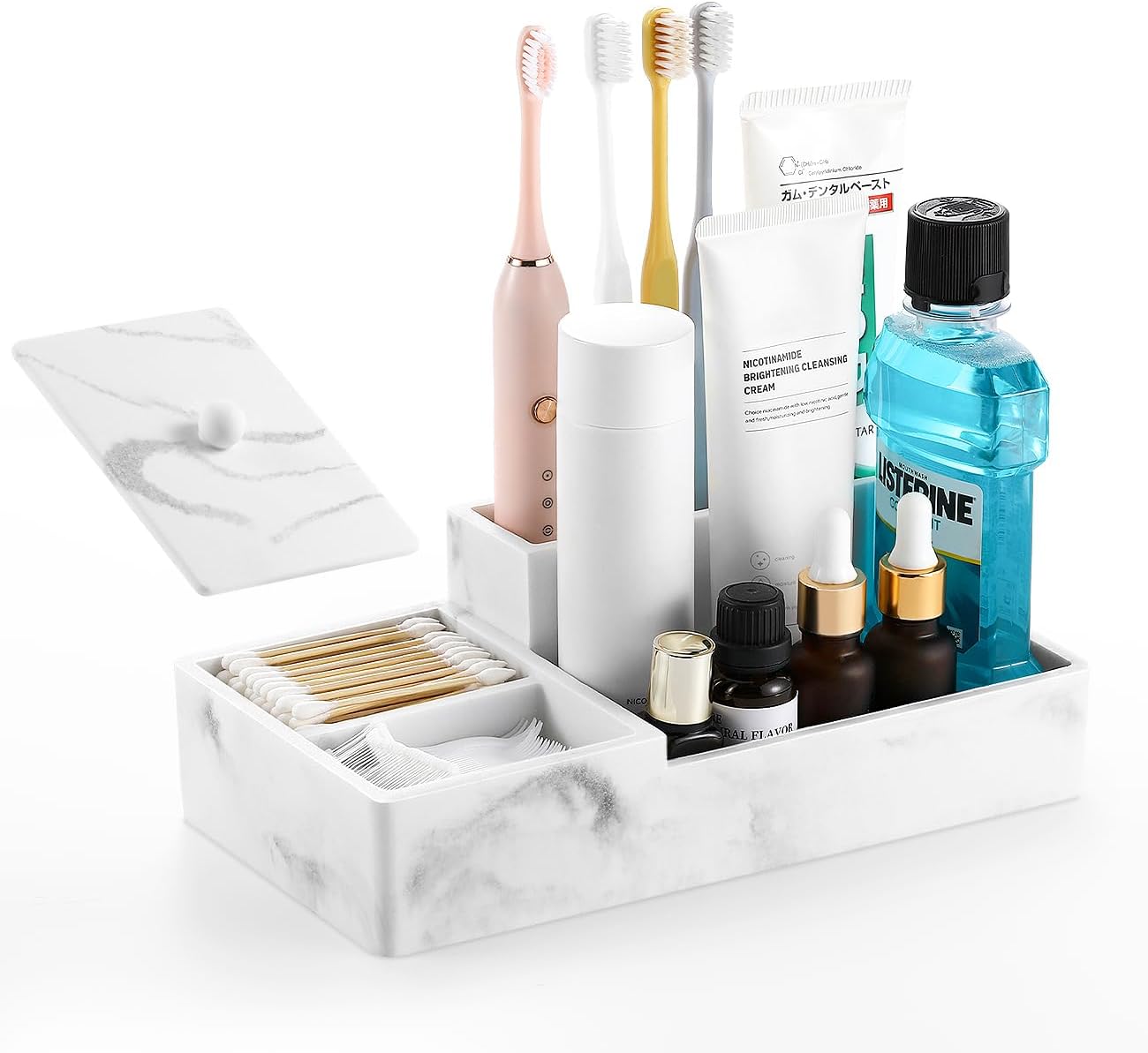 Luxspire Bathroom Counter Organizer, Marble Toothbrush Holder for Bathroom 6 Slot, Bathroom Vanity Organizer with Lid, Bathroom Organizer Countertop for Cotton Ball, Q-Tips, Floss, Gravel White