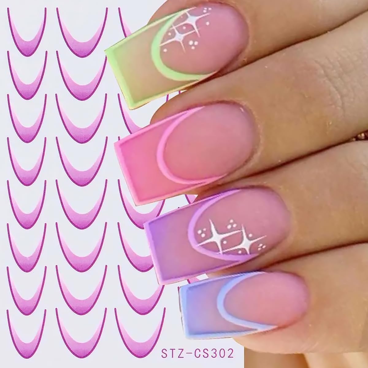 6 Sheets French Tip Nail Stickers for 3D Self-Adhesive Gradient Decals - Colorful Stripe Tips Supplies for DIY Art Decorations Tools