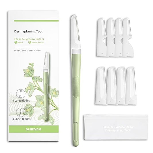 Face Razors for Women, Dermaplane Razor for Women Face, Eyebrow Razor, Facial Razors, Dermaplaning Tool, Reusable Metal Handle with 8 Microblades for Sensitive Skin, Peach Fuzz Remover, Green