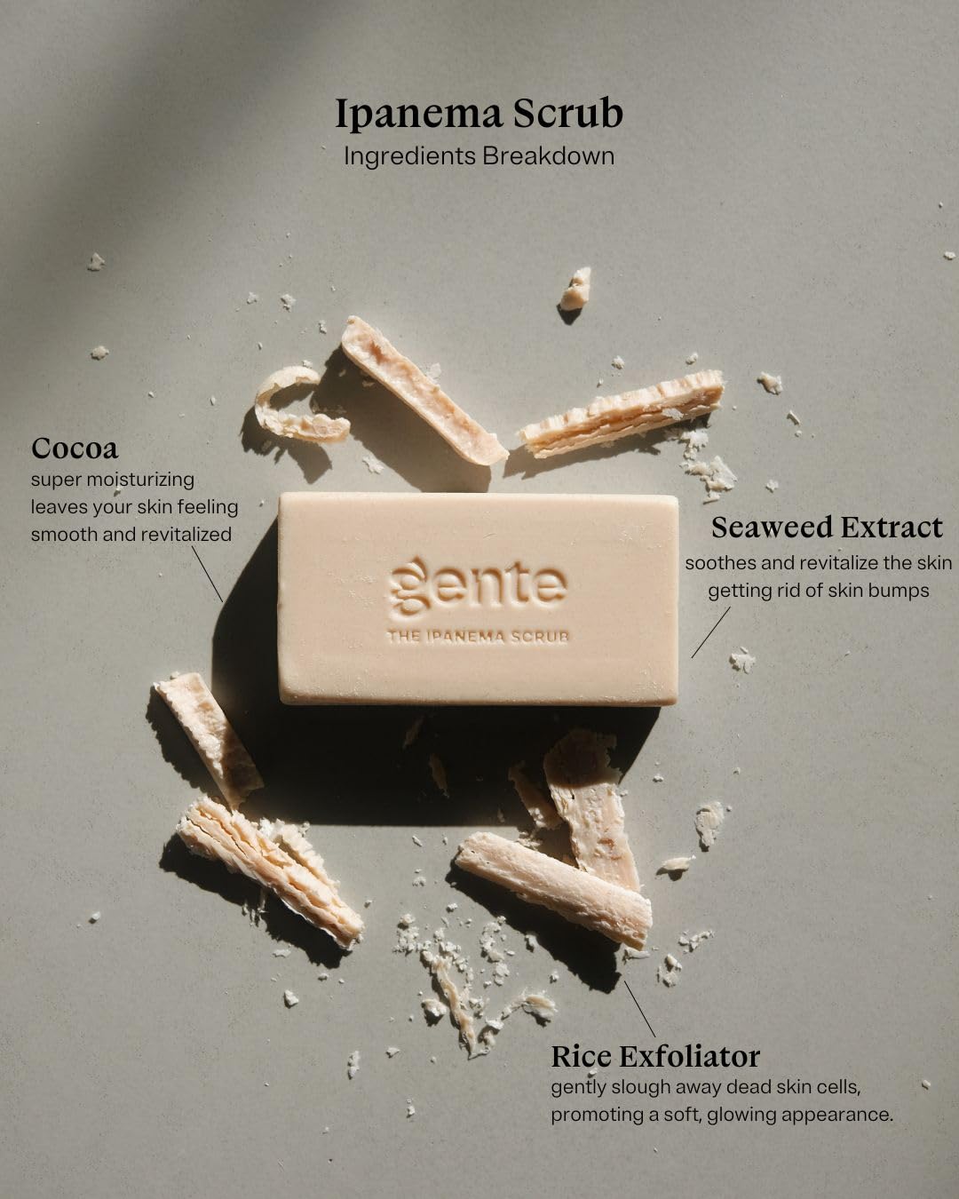 Gente Beauty The Ipanema Scrub Exfoliating Bar Soap – Gentle Cocoa & Rice Scrub for Smooth, Glowing Skin | Natural Ingredients for Daily Use - 4.5 oz