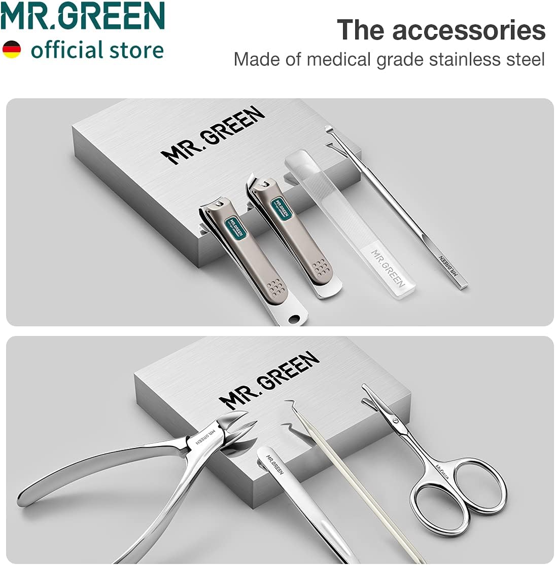 MR.GREEN Manicure Sets Pedicure Kits Stainless Steel Nail Clipper Personal Care Tools with PU Leather Case (Gray)