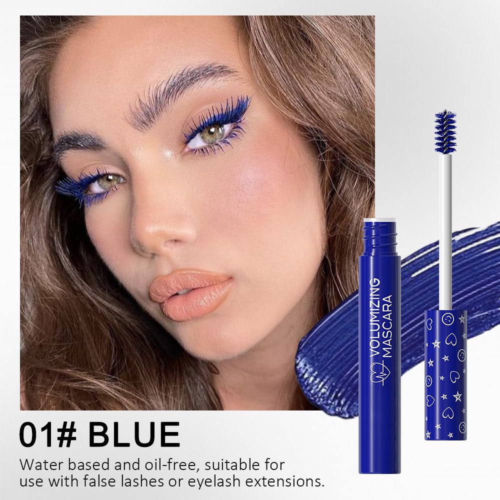 Colored Mascara for Eyelashes Set,Colorful Waterproof Mascara for eyelashes Long lasting Charming Voluminous for Women Halloween Eye Makeup (1Pcs 01#Blue, F)