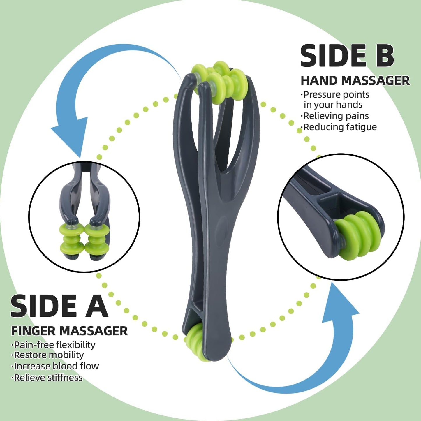 cotsoco 2-in-1 Finger Massager Roller for Pain Relief, Stress, Arthritis & Circulation, Dual-Sided Therapy Tool for Carpal Tunnel with 5 Pcs Acupressure Massage Rings, for Hands, Palm & Wrist, Grey