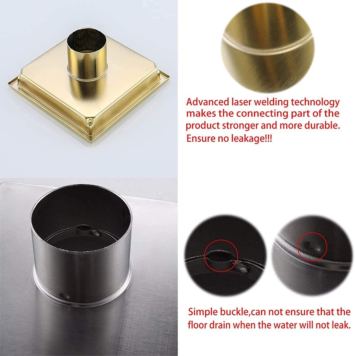 RANDOM Brushed Gold Shower Drain Square 6 Inch Shower Floor Drain with Grid Grate & Removable Hair Strainer 304 Stainless Steel Shower Drain Cover Bathroom Accessories.98738BG