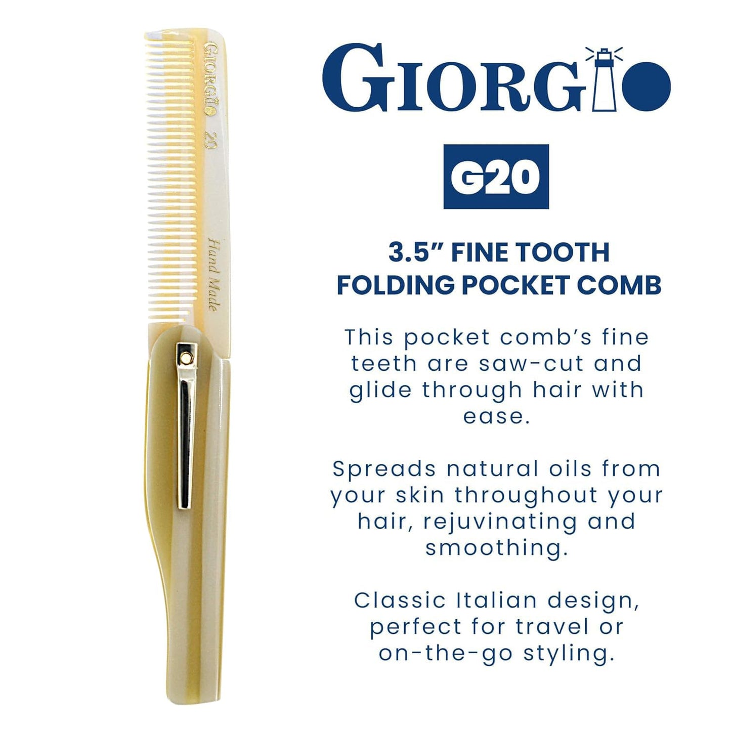 Giorgio G20 Fine Tooth Folding Mustache and Beard Comb - Small Pocket Comb for Everyday Hair Care and Styling - Sawcut and Hand Polished (Ivory)