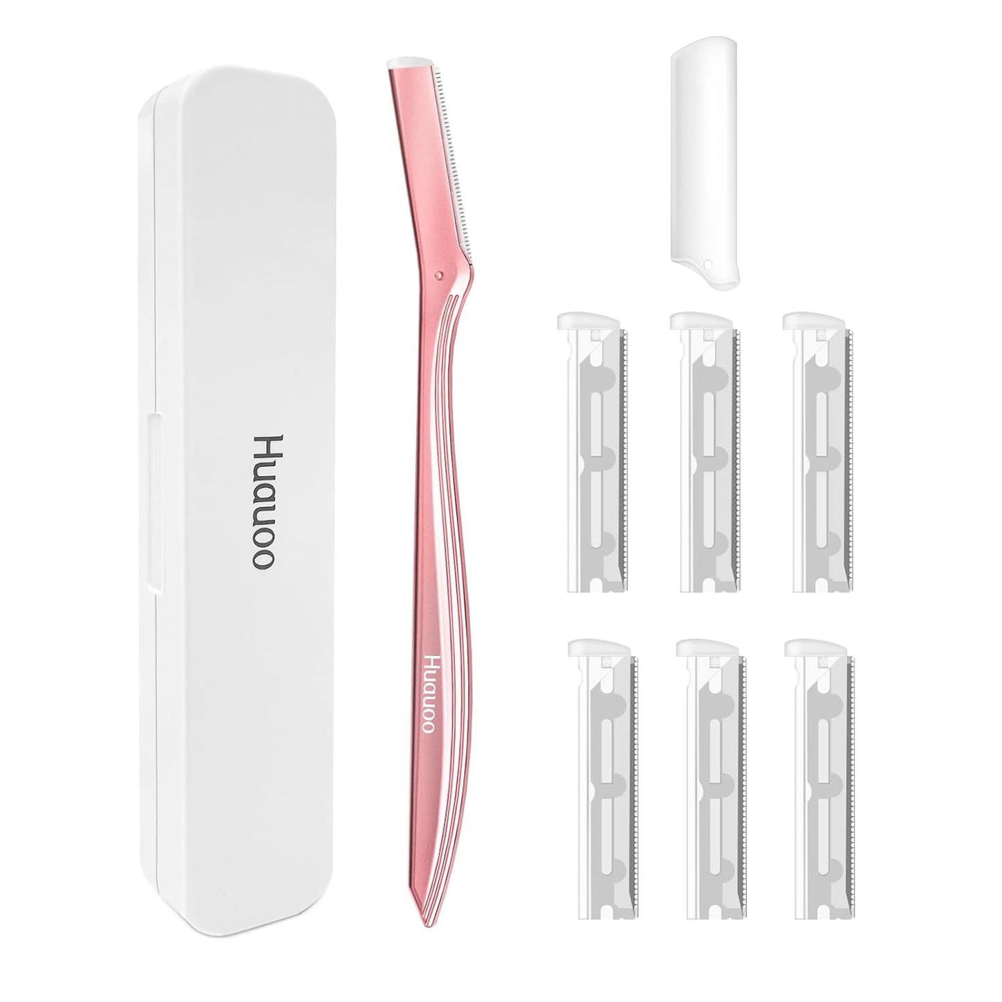Dermaplane Razor for Women Face, Stainless Steel Handle with 6 Replaceable Blades, Huauoo Face Razors for Women, Peach Fuzz Remover, Eyebrow Trimmer, Dermaplaning Tool for Face Exfoliation (Pink)