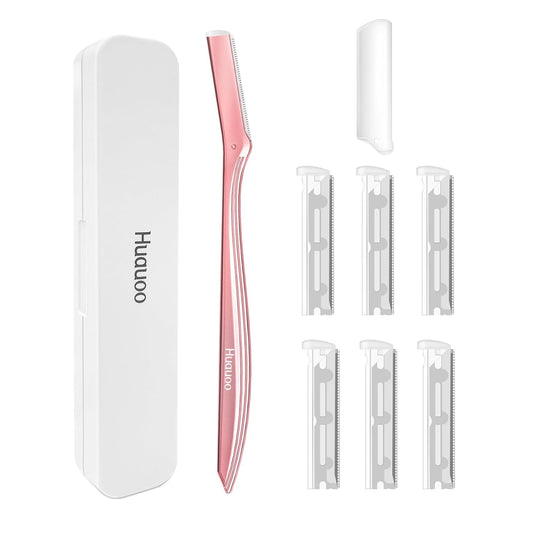 Dermaplane Razor for Women Face, Stainless Steel Handle with 6 Replaceable Blades, Huauoo Face Razors for Women, Peach Fuzz Remover, Eyebrow Trimmer, Dermaplaning Tool for Face Exfoliation (Pink)
