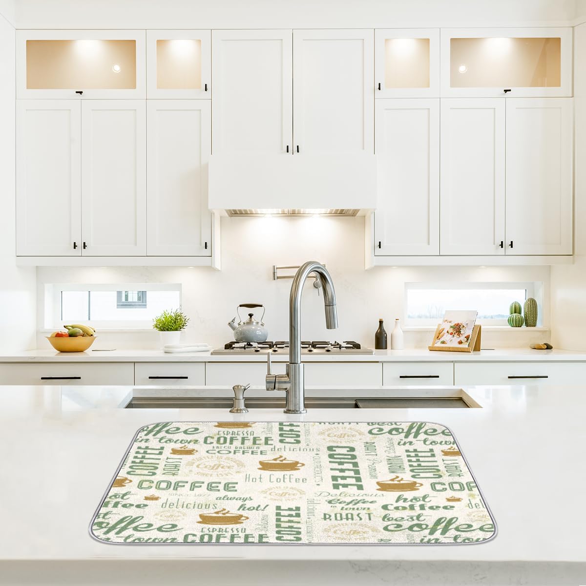 Hexteria Dish Drying Mat for Kitchen Counter, Absorbent Coffee Bar Mat, Dish Drainer Rack Mats for Kitchen Counter, Green